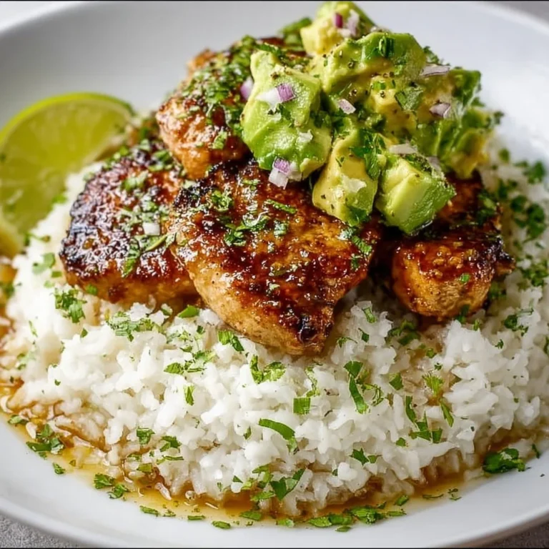 Plate of Honey Lime Chicken served with avocado rice and garnished with lime wedges
