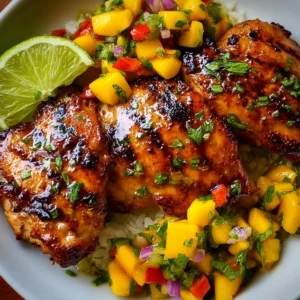 Plated Honey Lime Chicken garnished with fresh Mango Salsa.