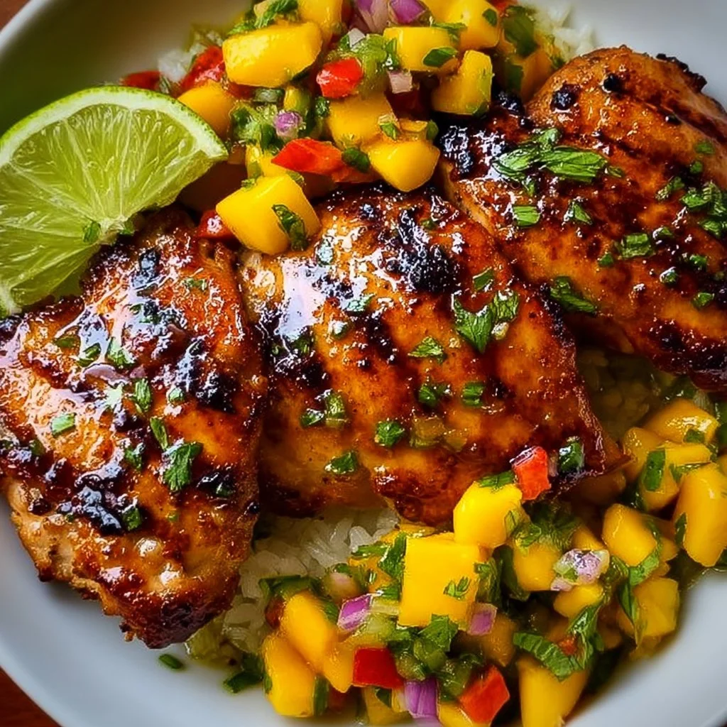 Plated Honey Lime Chicken garnished with fresh Mango Salsa.
