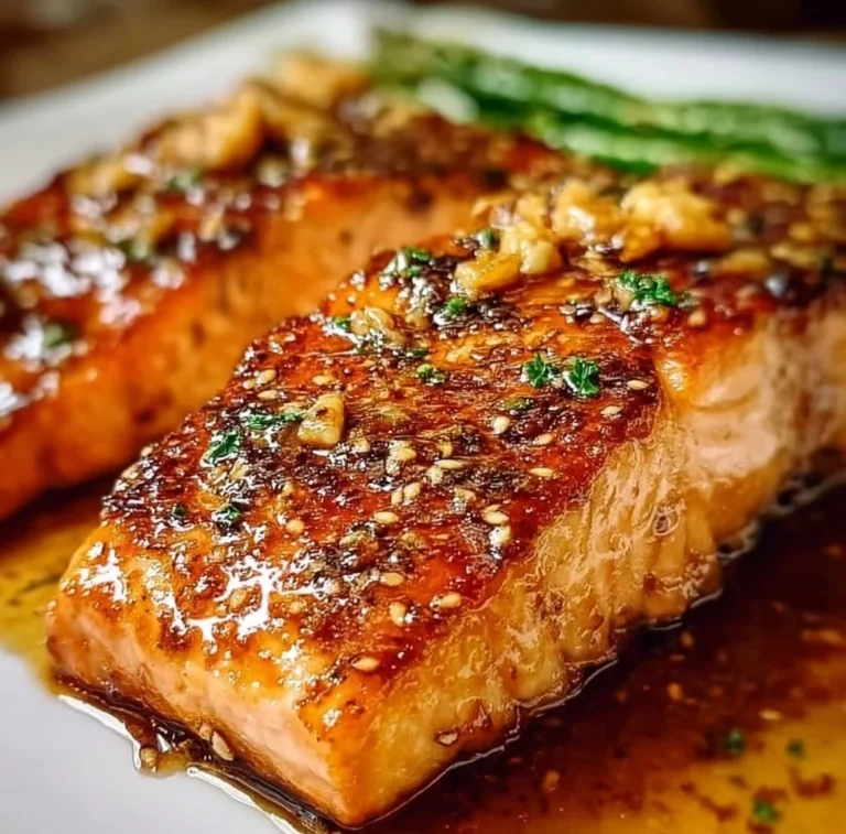 Plate of Hot Honey Salmon garnished with herbs and spices