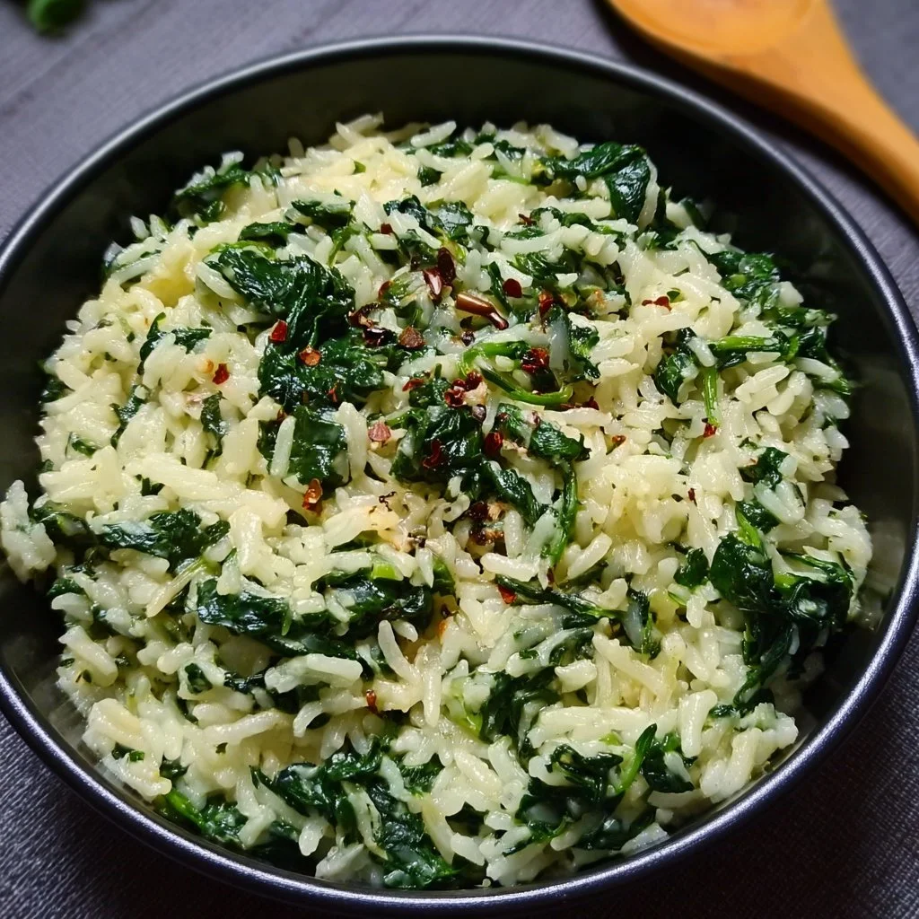 Bowl of creamy spinach rice garnished with fresh herbs