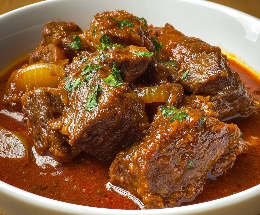 Delicious Instant Pot Greek Beef Stifado with tender meat and rich sauce