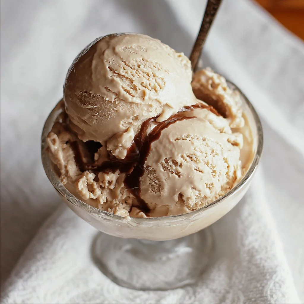 Scoop of Irish Cream Fudge Ice Cream in a bowl with chocolate drizzle.