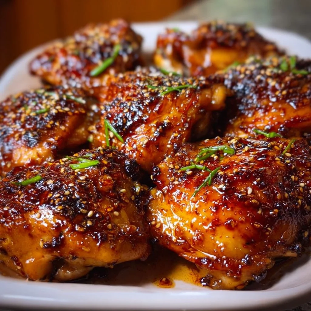 Delicious sticky honey garlic chicken thighs served on a plate