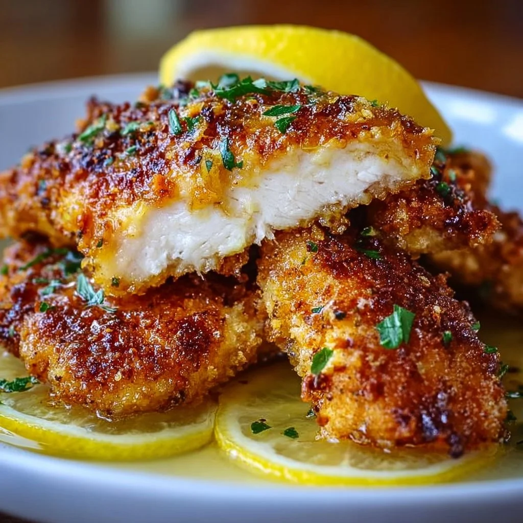 Irresistibly crispy lemon pecorino chicken served with fresh herbs