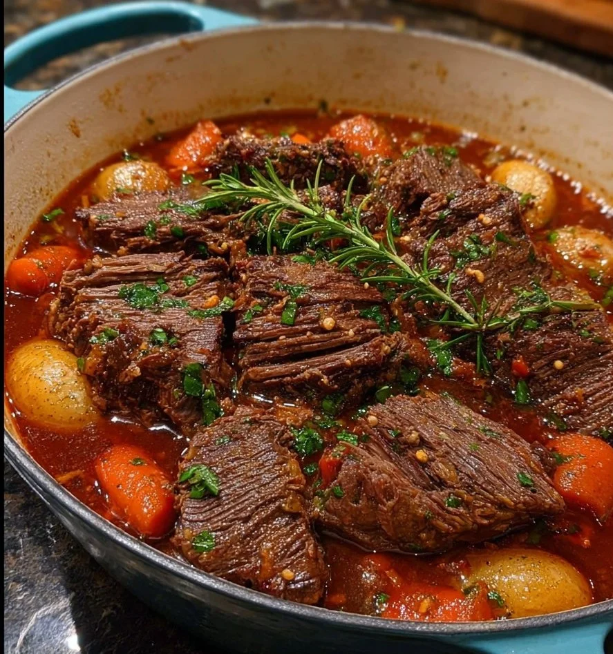 Italian Pot Roast (Stracotto) served with herbs and vegetables