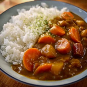 Delicious bowl of Japanese curry served over rice with colorful vegetables.