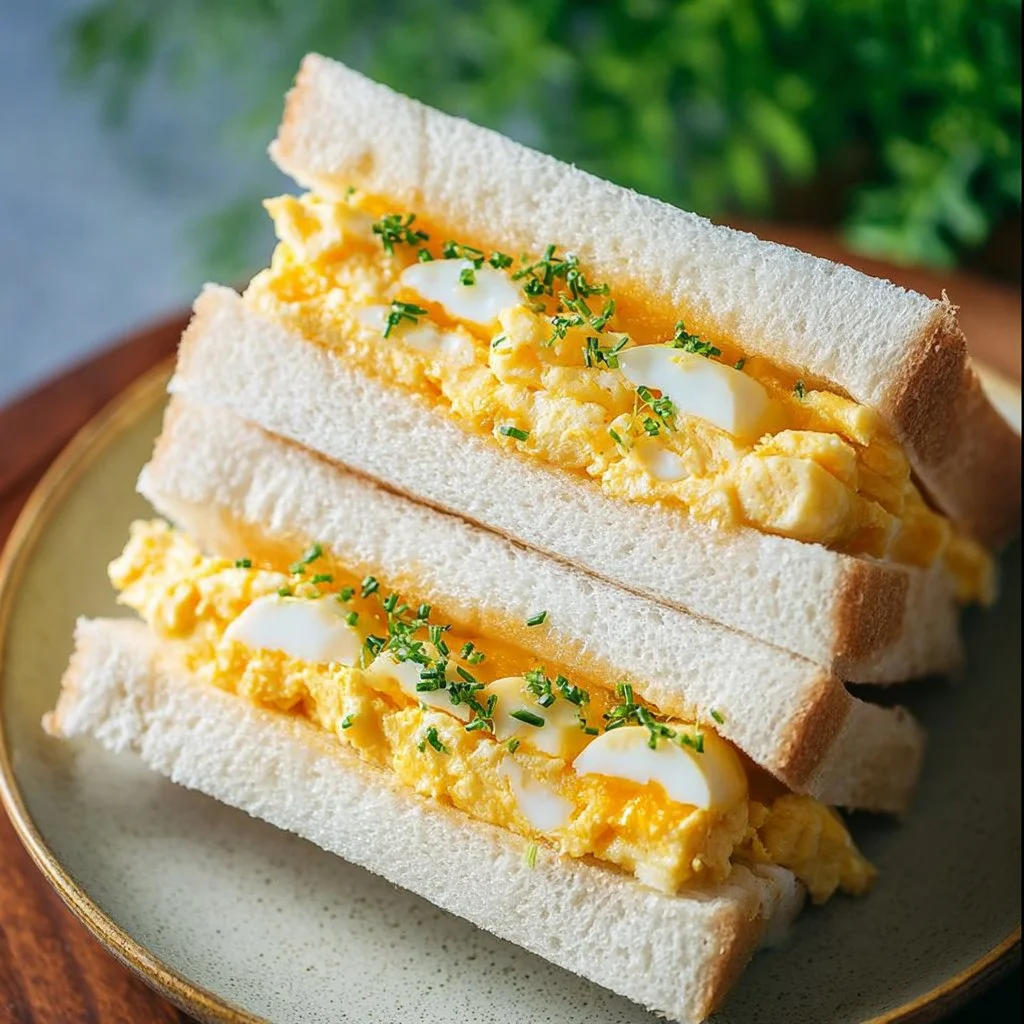 Japanese egg sandwich with creamy filling served on soft bread