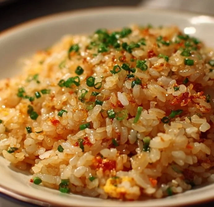 Bowl of delicious Japanese garlic fried rice garnished with green onions