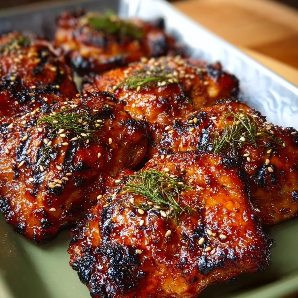 Juicy Japanese BBQ chicken thighs on a grill