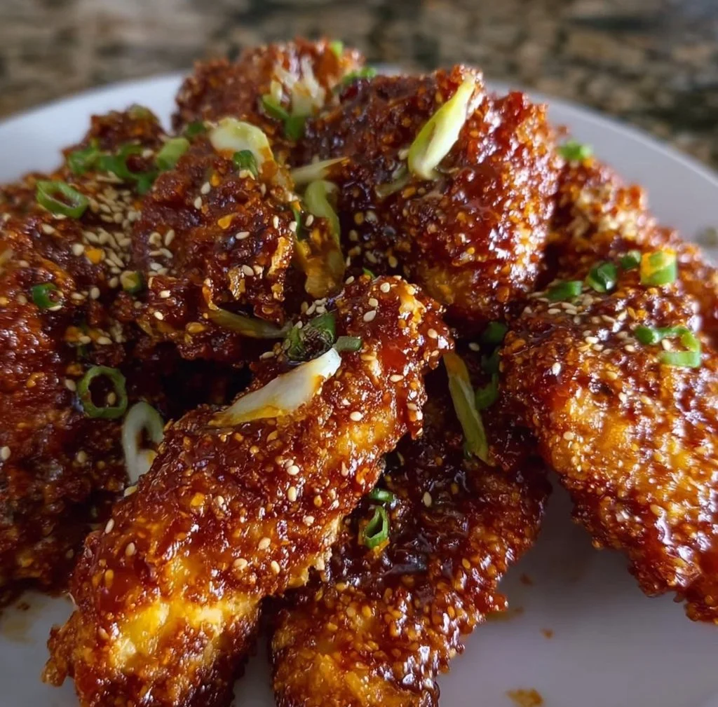 Crispy Korean Fried Chicken made in an air fryer, served with dipping sauce
