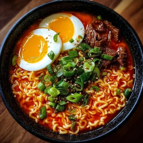 Korean Spicy Ramen with Beef Bowl of Korean spicy ramen with beef garnished with green onions
