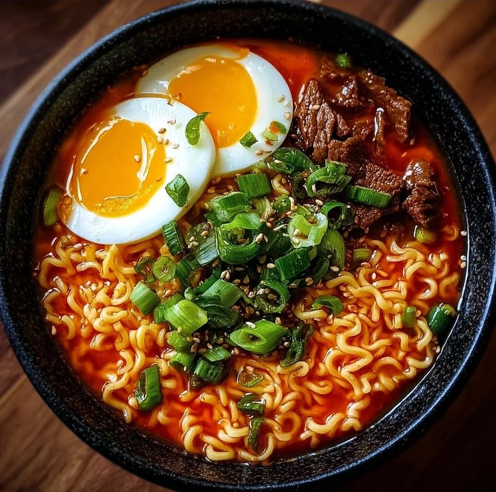 Bowl of Korean spicy ramen with beef garnished with green onions