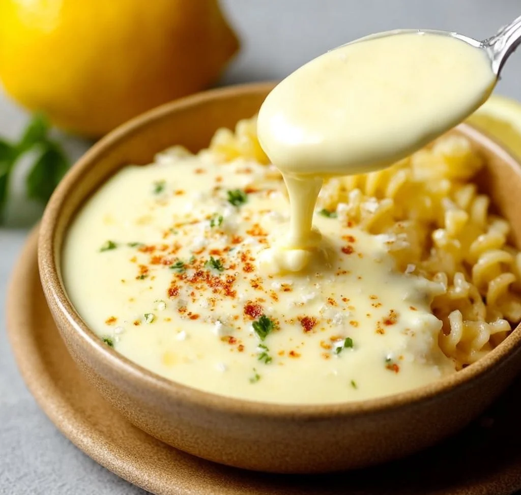 Delicious Lemon Cream Sauce in a bowl with fresh lemon slices