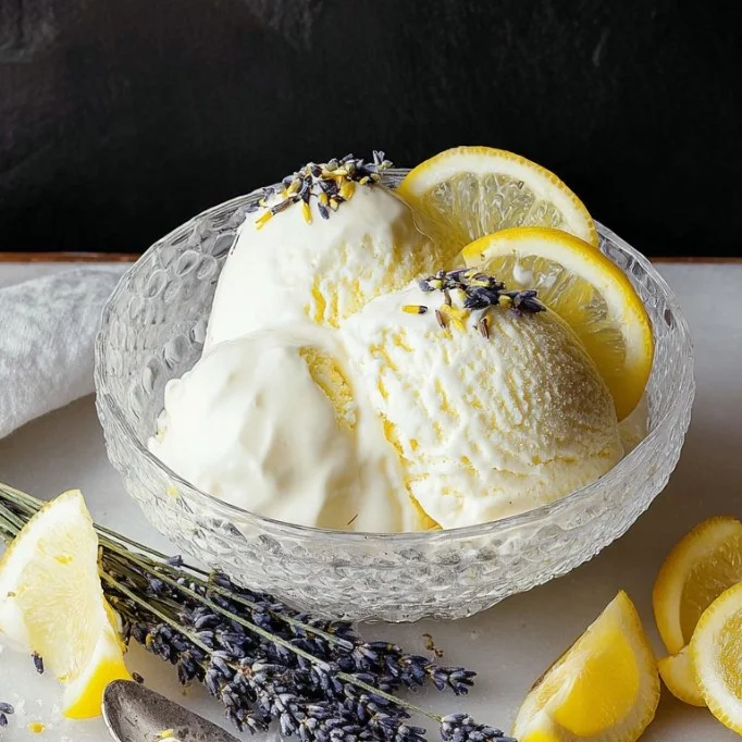 Delicious lemon lavender ice cream in a bowl with fresh lemons and lavender flowers