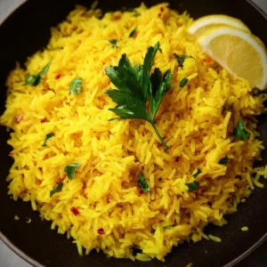 Lemon Turmeric Basmati Rice Delicious Lemon Turmeric Basmati Rice served with fresh herbs.