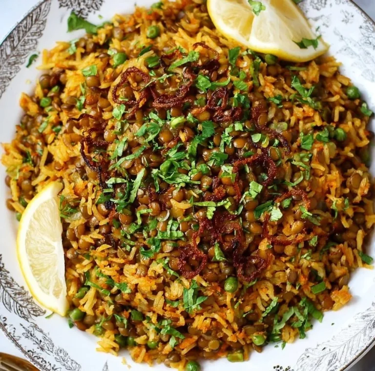 A bowl of lentils and rice served with spices and herbs, showcasing a healthy meal.
