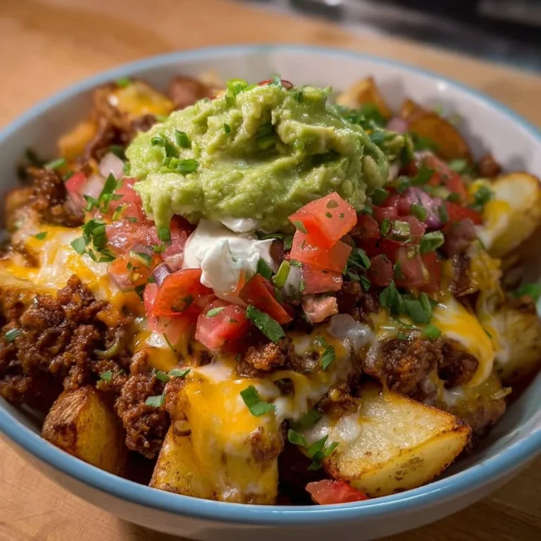 Delicious loaded potato taco bowl topped with cheese, sour cream, and green onions.