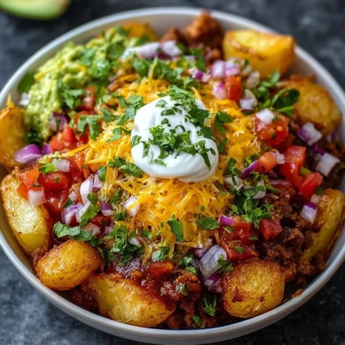 Delicious loaded potato taco bowl topped with fresh ingredients.