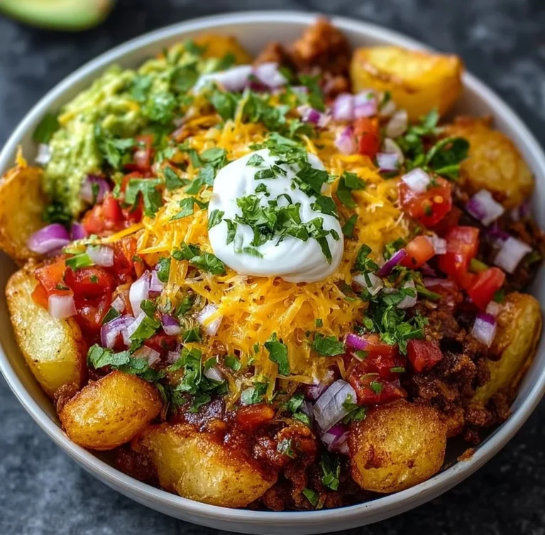 Delicious loaded potato taco bowl topped with fresh ingredients.