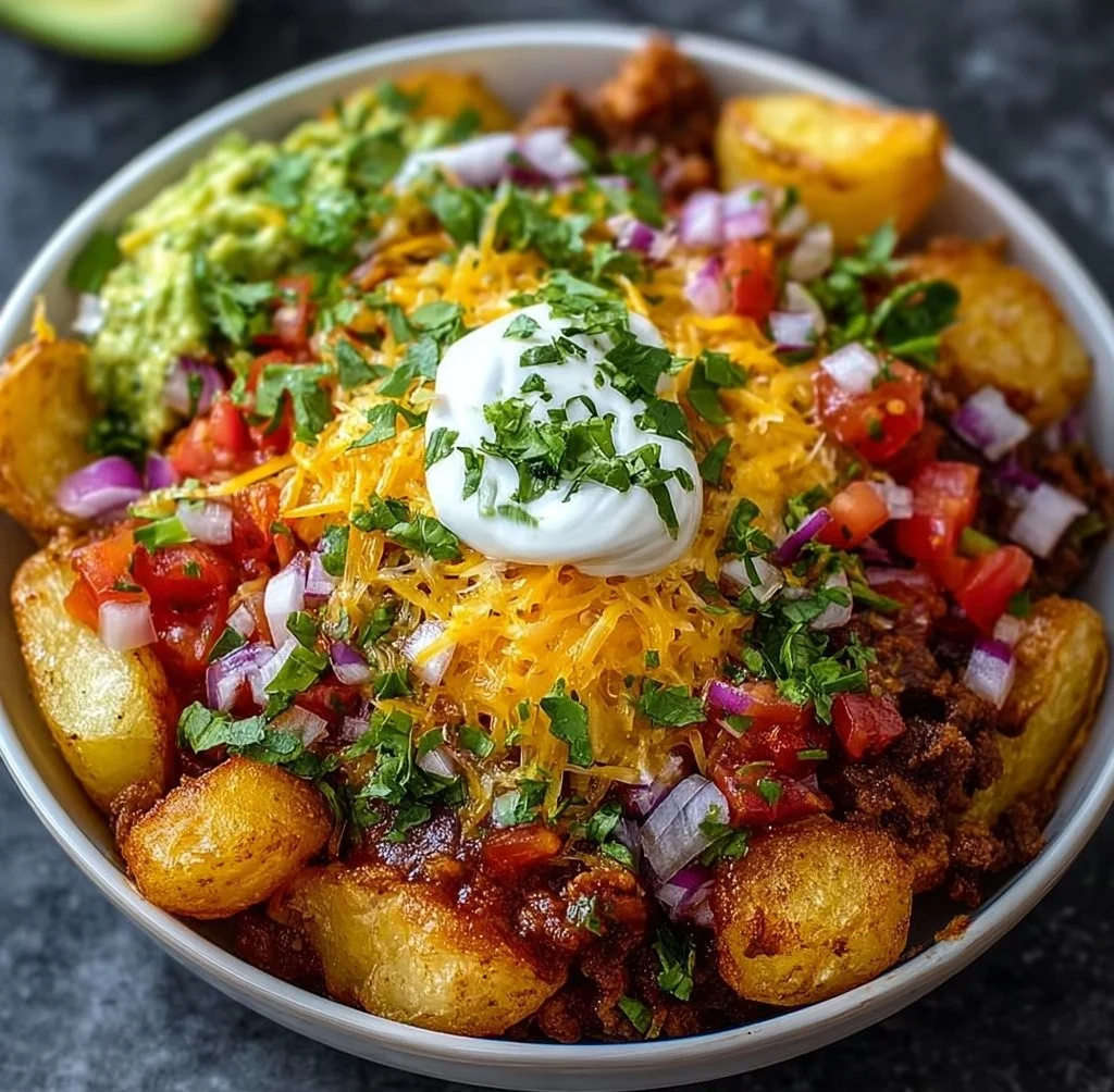 Delicious loaded potato taco bowl topped with fresh ingredients.