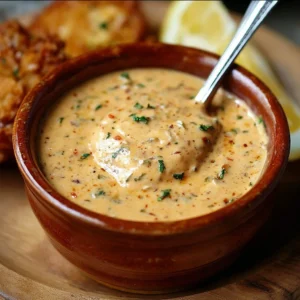 Bowl of homemade Louisiana remoulade sauce with herbs and spices