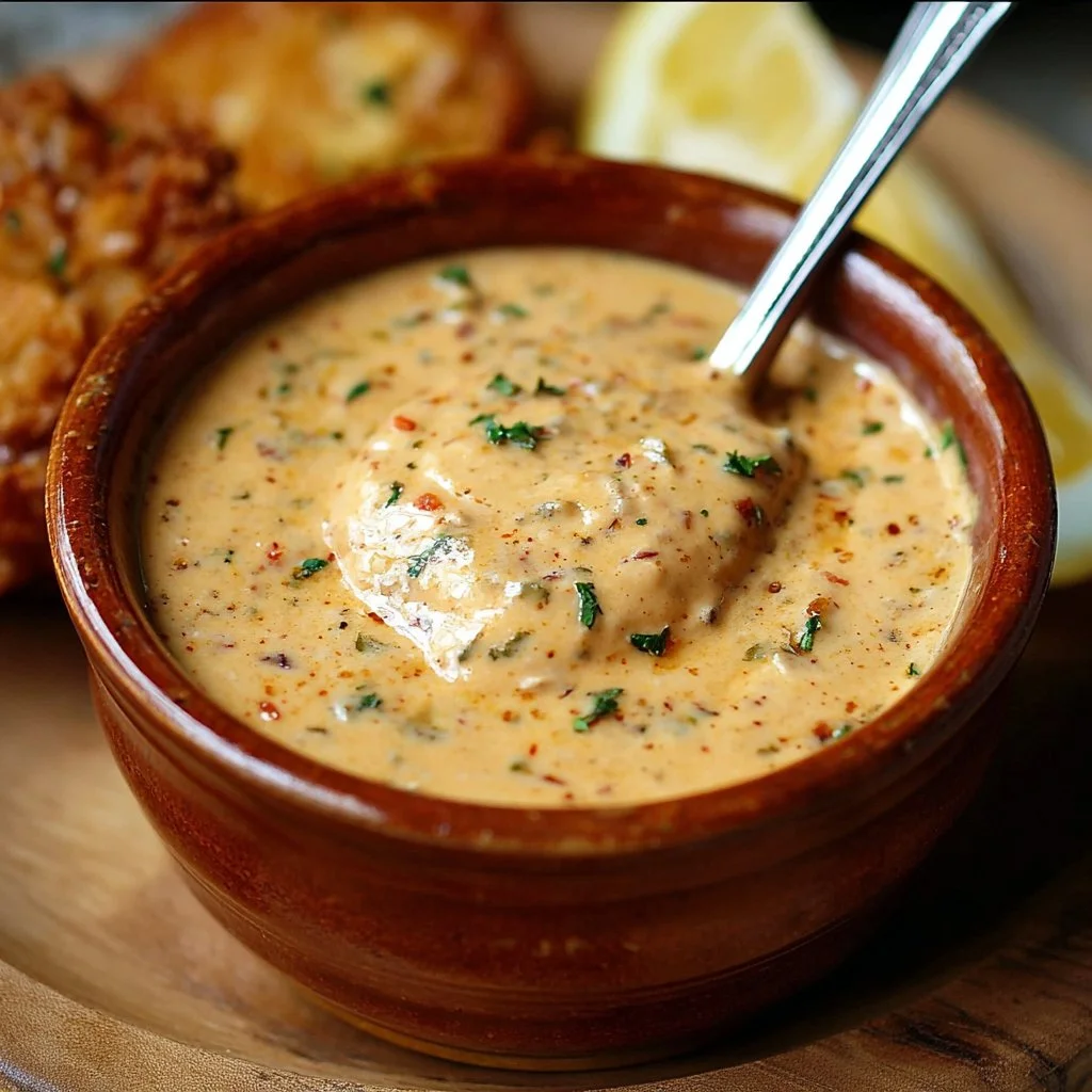 Bowl of homemade Louisiana remoulade sauce with herbs and spices