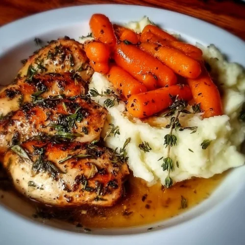 Garlic Herb Chicken served with mashed potatoes and glazed carrots on a plate