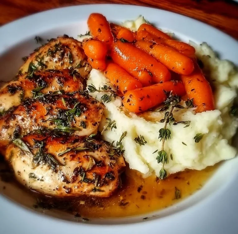 Garlic Herb Chicken served with mashed potatoes and glazed carrots on a plate