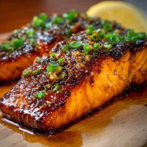 Maple Bourbon Glazed Salmon Recipe Delicious Maple Bourbon Glazed Salmon on a plate with herbs
