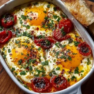 Delicious Mediterranean baked feta eggs served with fresh herbs and vegetables