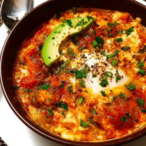 A delicious plate of Menemen, Turkish scrambled eggs with tomatoes and peppers.
