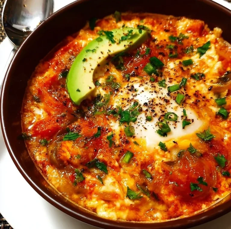 A delicious plate of Menemen, Turkish scrambled eggs with tomatoes and peppers.