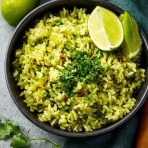 Bowl of flavorful Mexican Green Rice garnished with fresh herbs