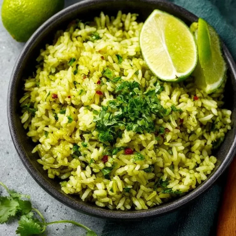 Bowl of flavorful Mexican Green Rice garnished with fresh herbs