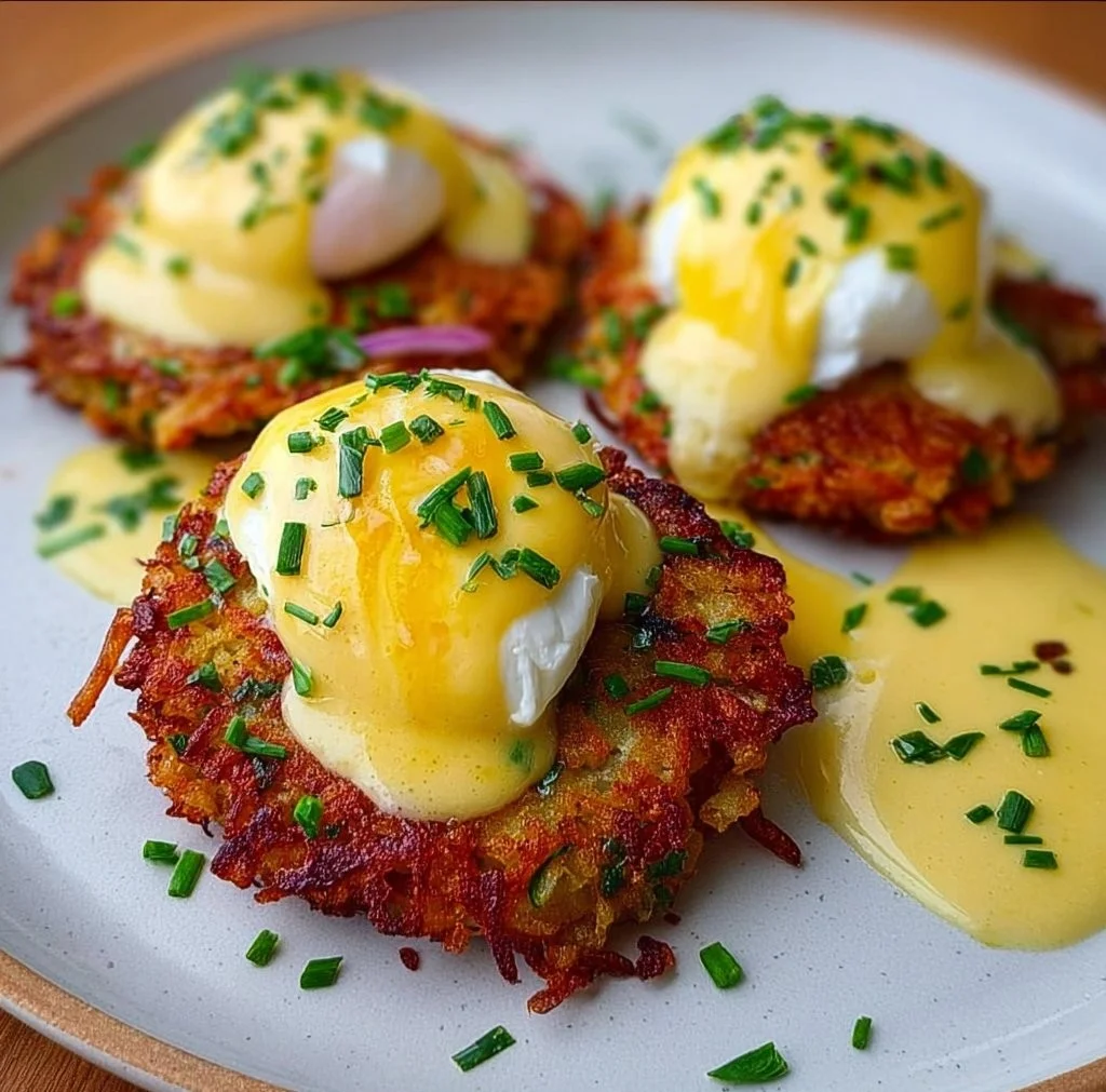 Plate of latke eggs benedict topped with poached eggs and hollandaise sauce