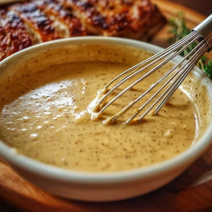 Delicious mustard sauce served with pork on a plate