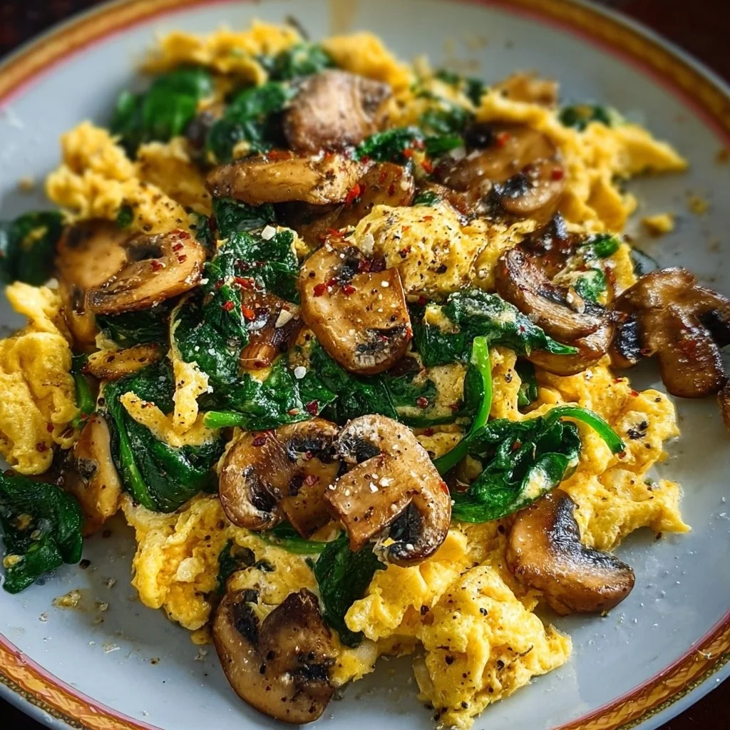 Plate of Mushroom Spinach Scrambled Eggs garnished with herbs