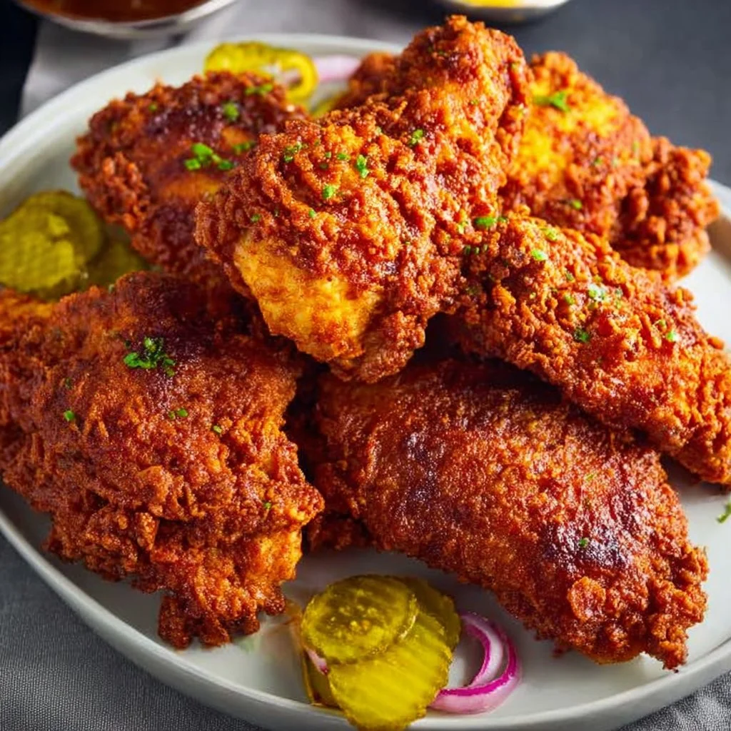 Delicious plate of Nashville Hot Chicken served with pickles and sides