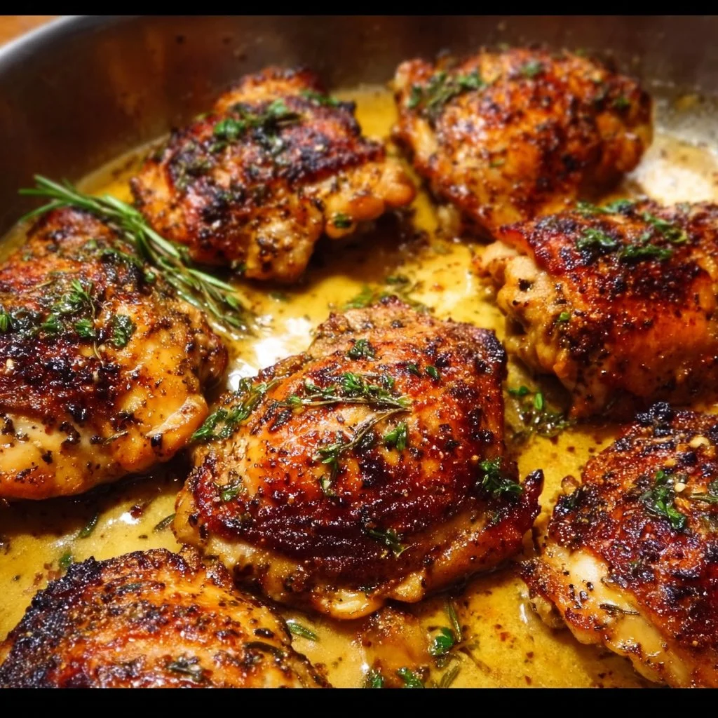 Deliciously cooked Nigella chicken thighs served with fresh herbs.