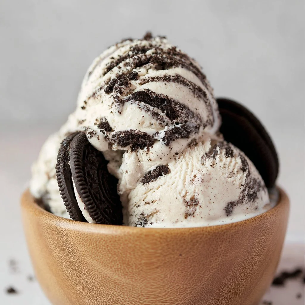 Delicious bowl of nostalgic Cookies and Cream Ice Cream with cookie chunks