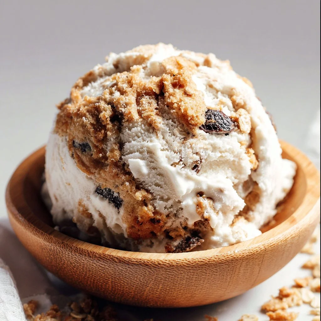 A bowl of oatmeal raisin cookie ice cream topped with raisins and oats.