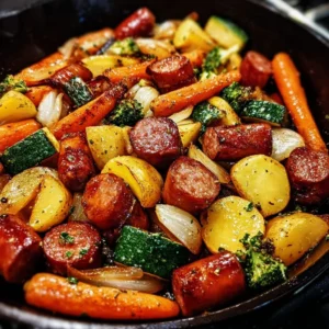 One-pan honey garlic kielbasa and veggies meal ready to serve.