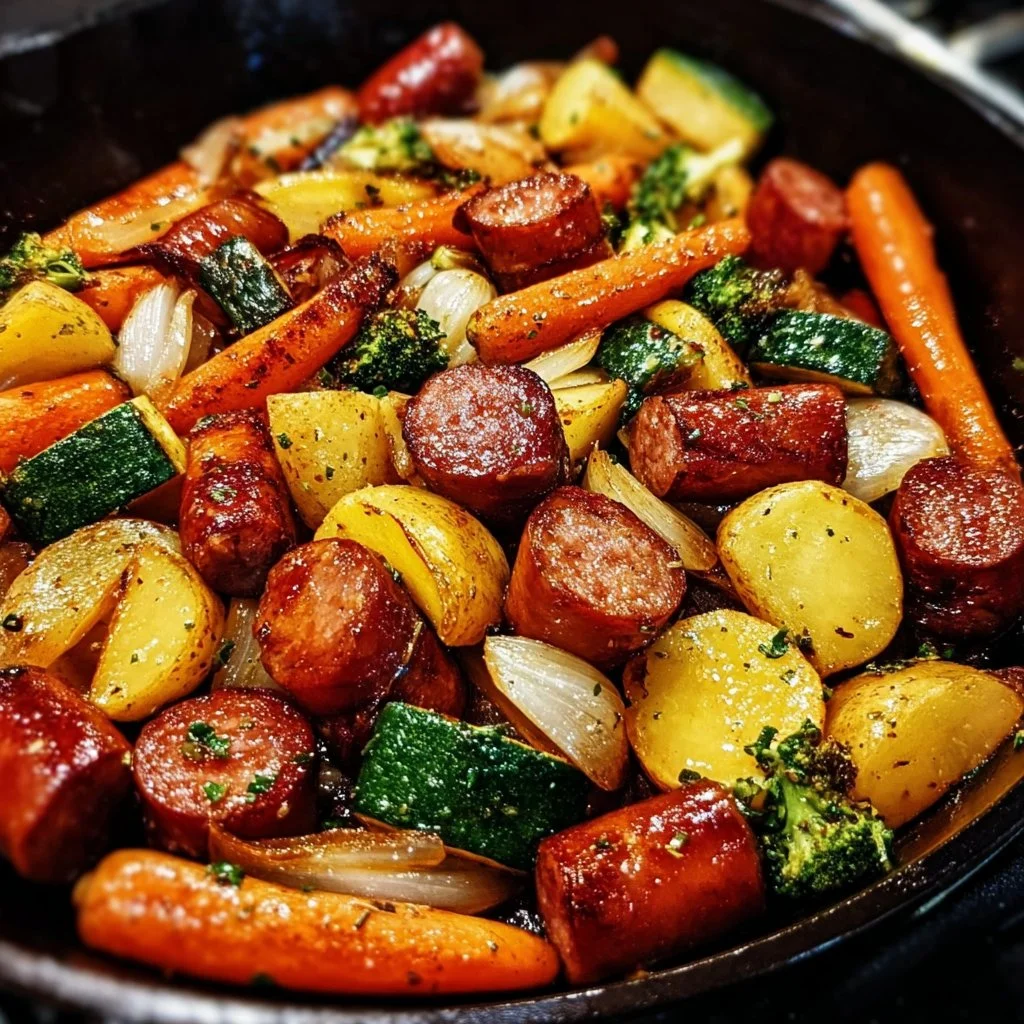 One-pan honey garlic kielbasa and veggies meal ready to serve.
