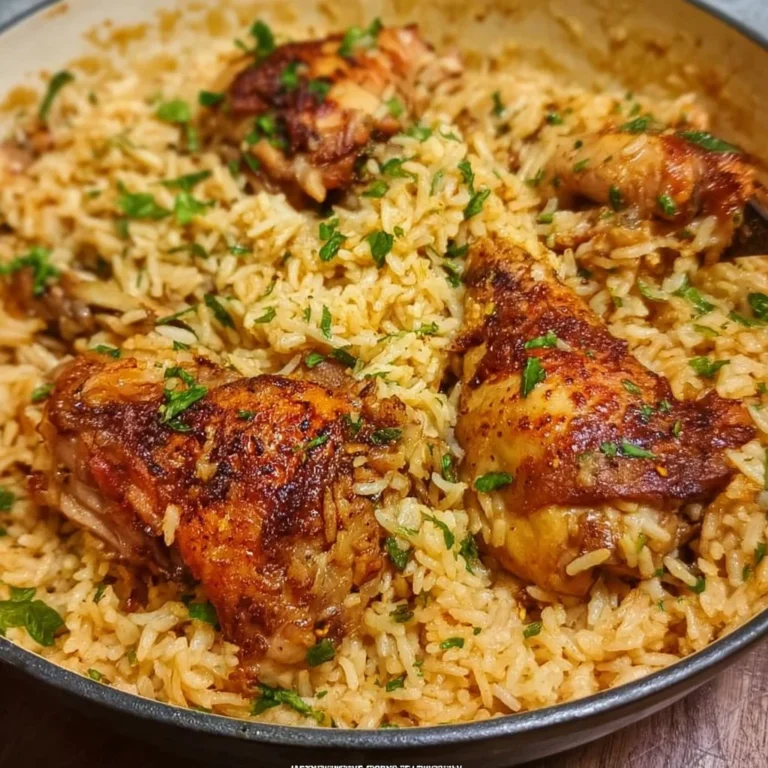 One pot chicken and rice dish featuring juicy chicken and fluffy rice