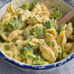 Creamy One Pot Healthy Broccoli Mac and Cheese garnished with fresh herbs