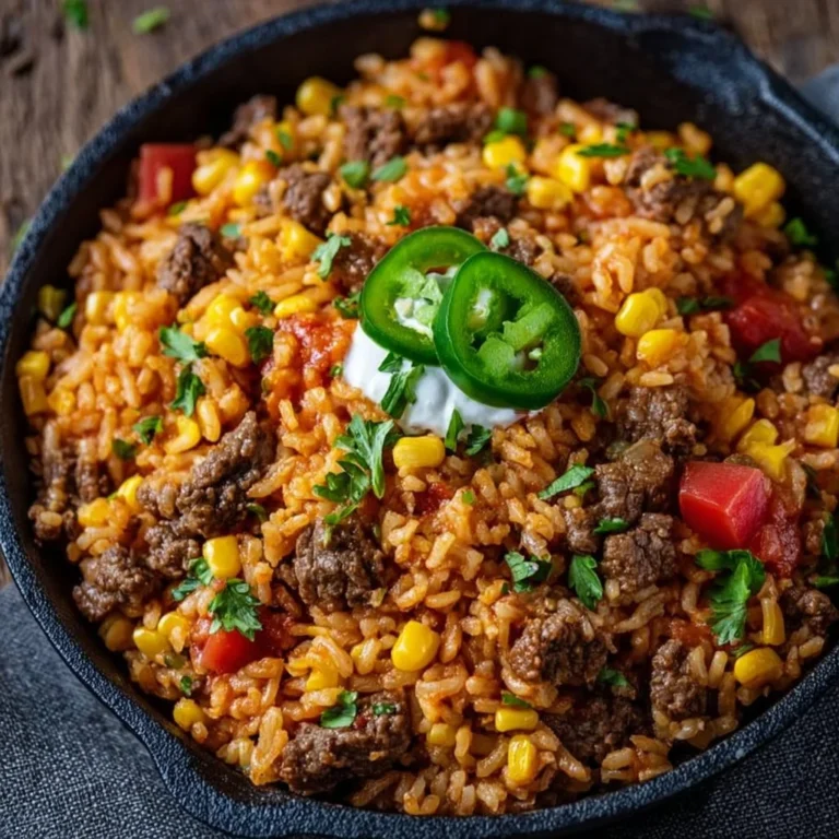 One Skillet Mexican Beef and Rice dish served in a pan.