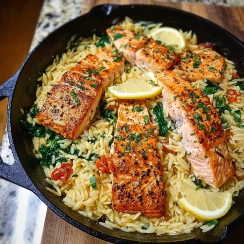 One Skillet Salmon with Lemon Orzo One skillet salmon served with lemon orzo on a plate.