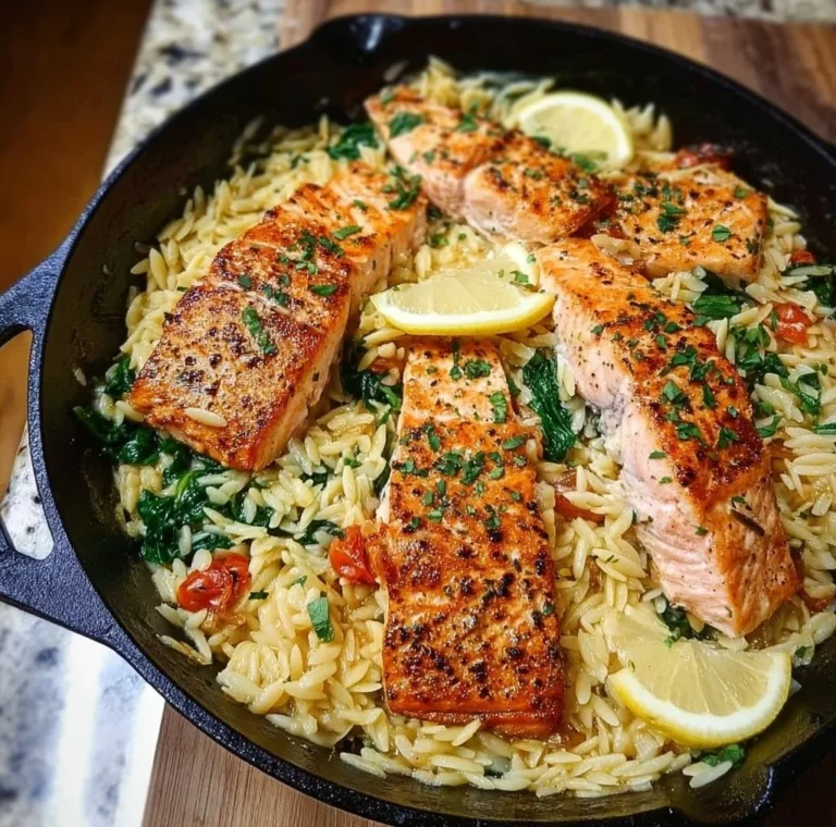 One skillet salmon served with lemon orzo on a plate.