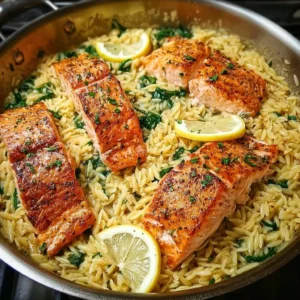 One Skillet Salmon with Lemon Orzo One skillet salmon served with lemon orzo for a quick and tasty meal